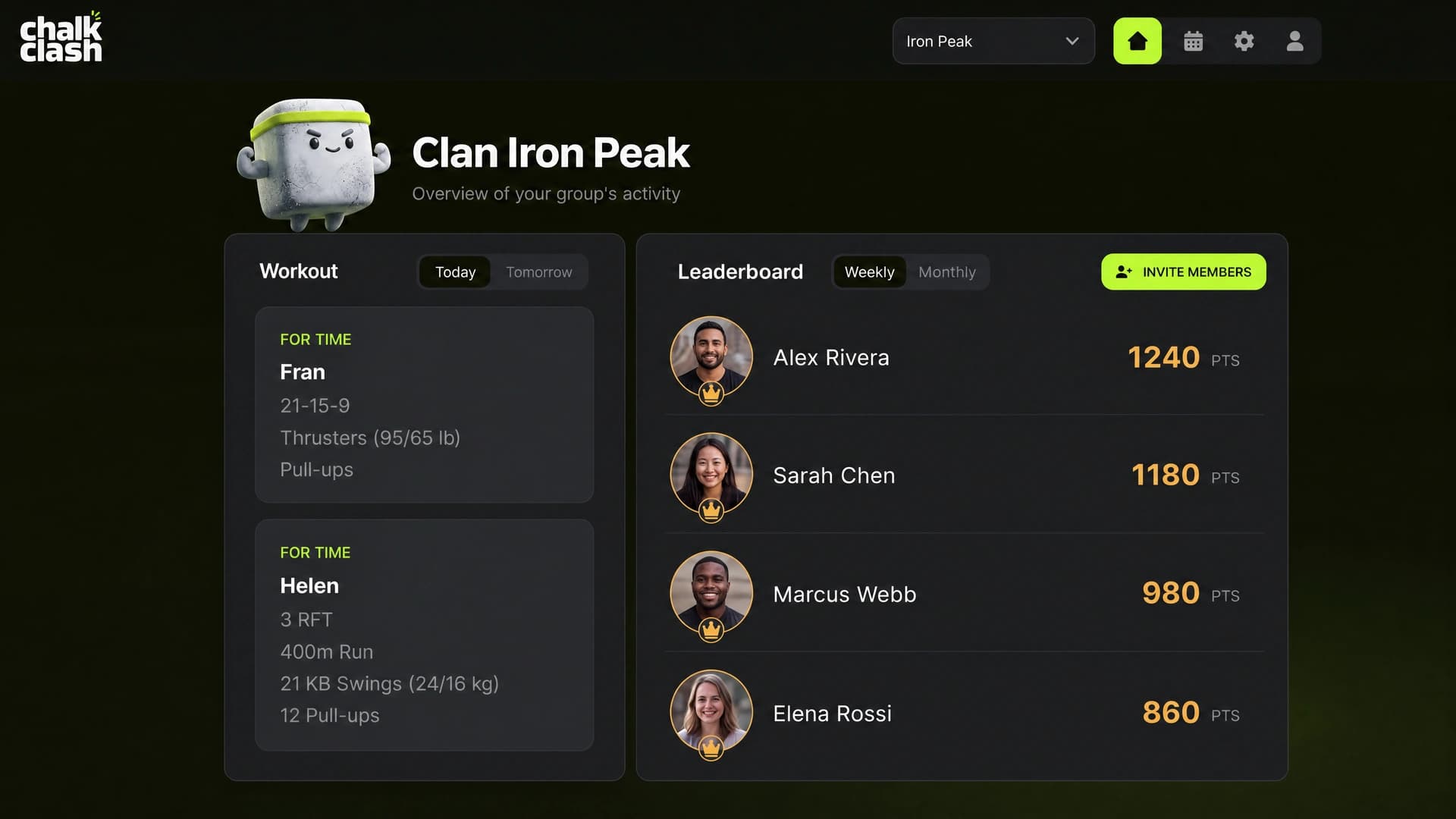 ChalkClash clan dashboard with today's workouts and weekly leaderboard