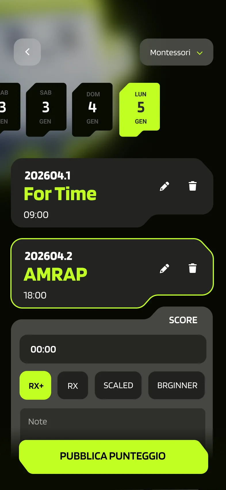 Workout logging screen with saved score history