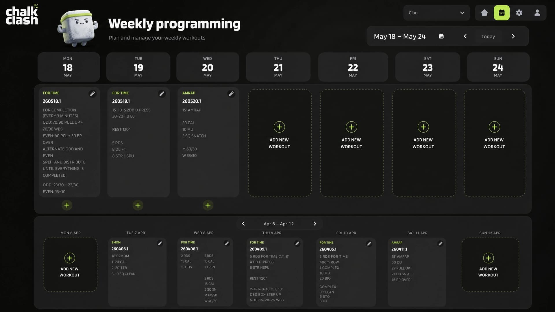 Programación semanal de ChalkClash con los WOD de la semana