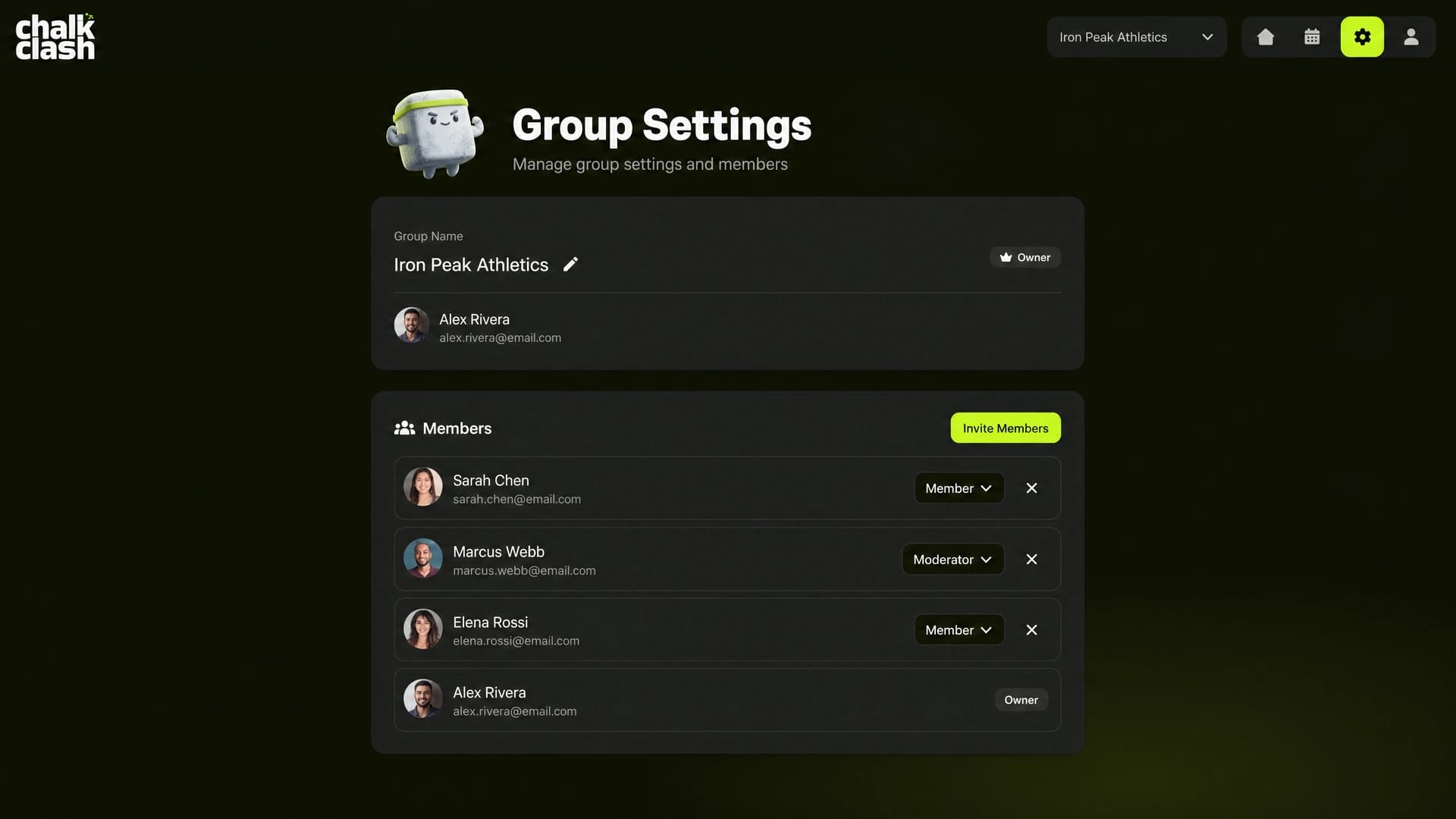 Ajustes de grupo de ChalkClash con miembros y roles